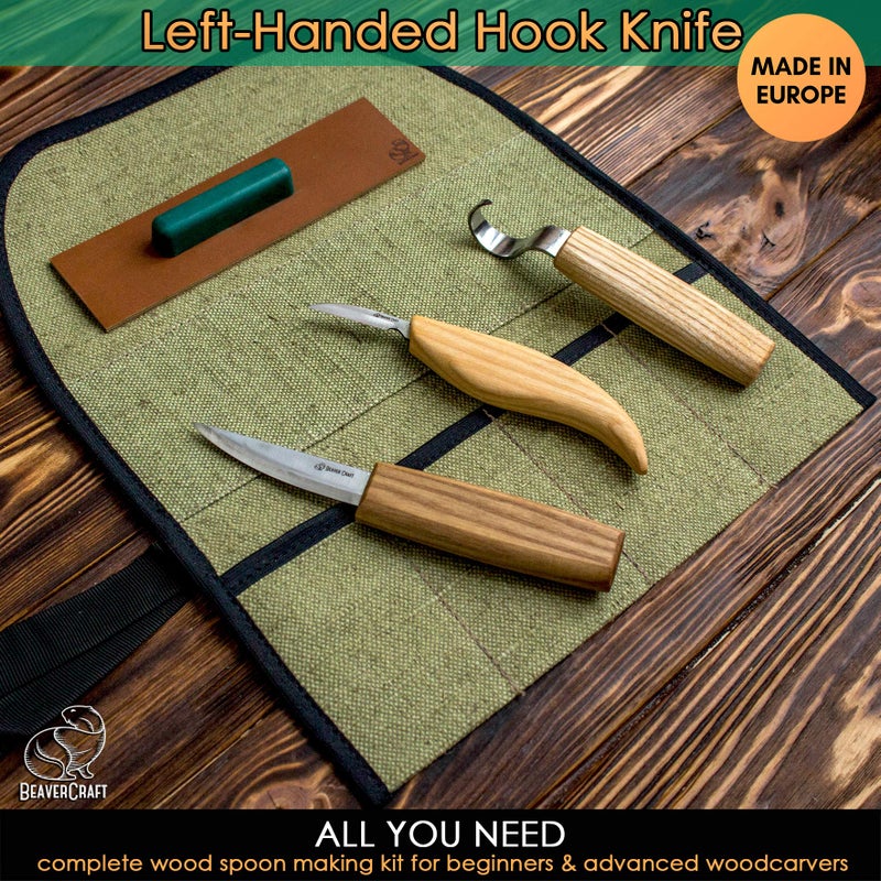 BeaverCraft S13L Wood Carving Tools Set for Spoon Carving 3 Knives in Tools Roll Leather Strop and Polishing Compound Hook Sloyd Detail Knife Left-Handed Spoon Carving Knives (S13L Left-Handed) - Image 2